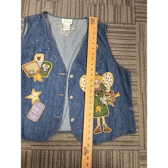 Quacker Factory Women 1X Blue Denim Vest Heart,‎ Angels Faith, Front-Button Down - Picture 9 of 11